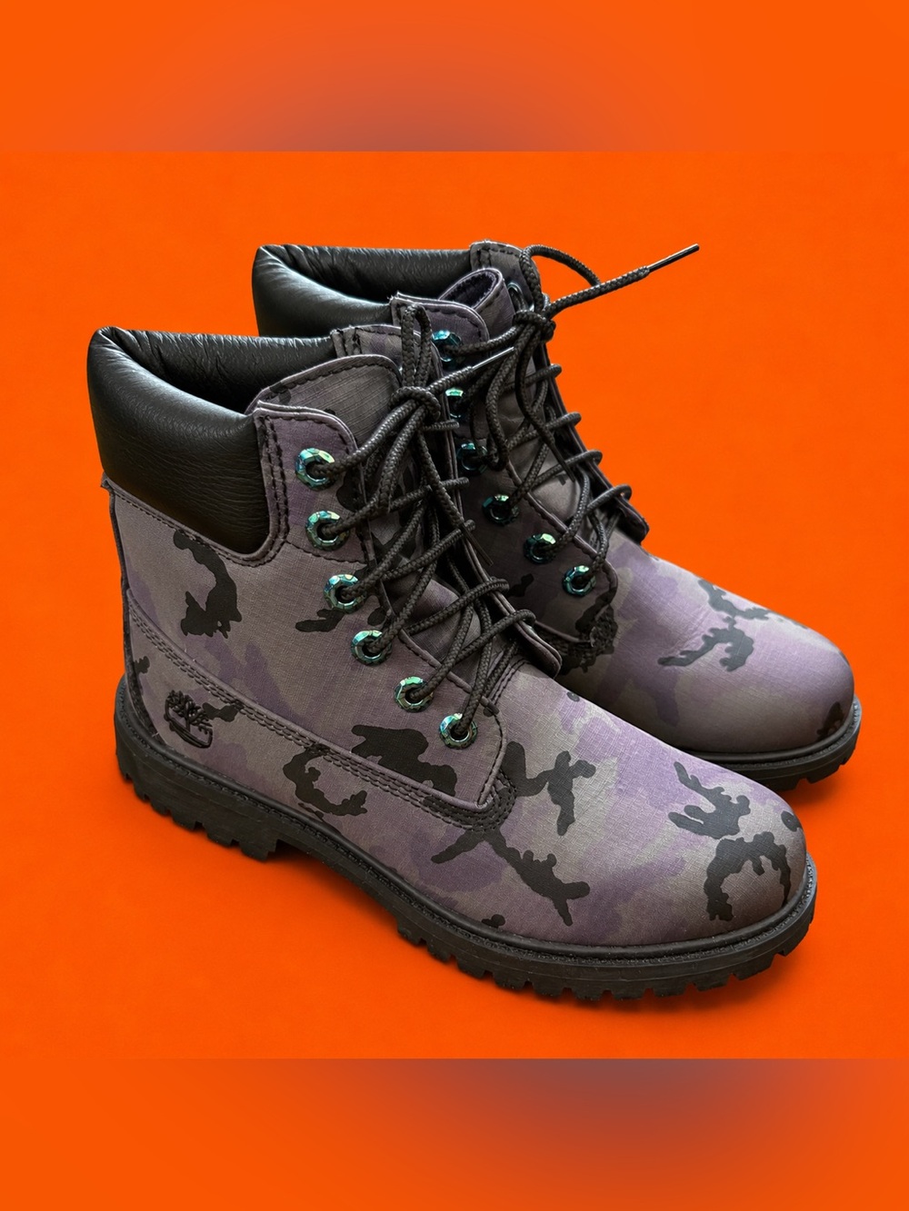 Timberland Gray, Purple and Black Ankle Boots with Camo Design